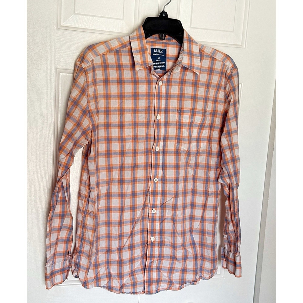 SAKS 5 Th Avenue Men's Blue Brand Button Down Plaid Dress Shirt In Size M